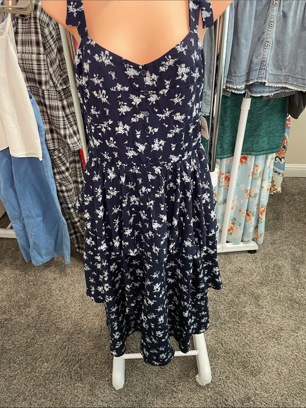 Altar'd State Navy Floral Tiered Maxi Dress with Tie Straps - Picture 7 of 8